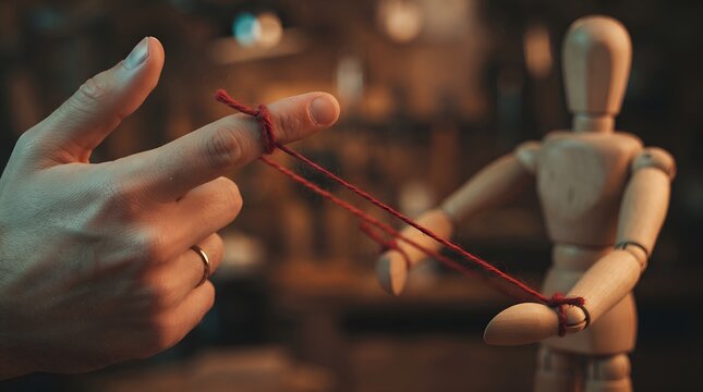 A person interacting with a wooden mannequin using a red string.