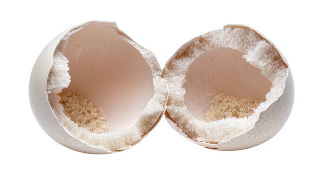 Cracked ostrich eggshell revealing crystalline interior, isolated on transparent background