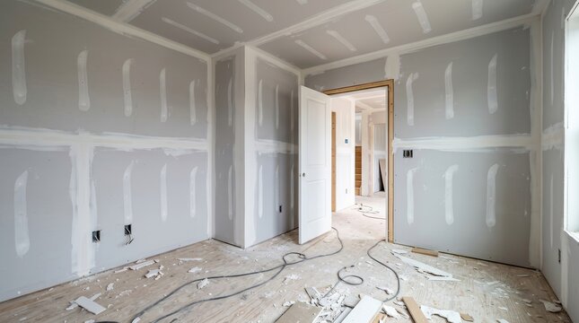Interior room under construction with newly installed plasterboard walls.