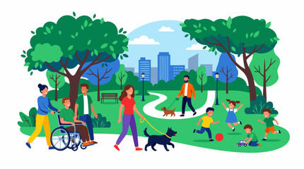 Fototapeta premium Diverse people enjoying sunny urban park scene with wheelchair users, dog walkers on leashes, and children playing on green lawn beneath leafy trees with city skyline