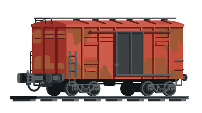 Weathered red freight train boxcar with metal coupling, ladders, and dark sliding doors, flat color blocks on solid white background, vector illustration