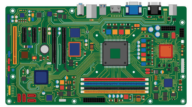 Detailed flat vector illustration of a green circuit motherboard with microchips, capacitors, USB ports, and colorful electronic components on white background, tech design element
