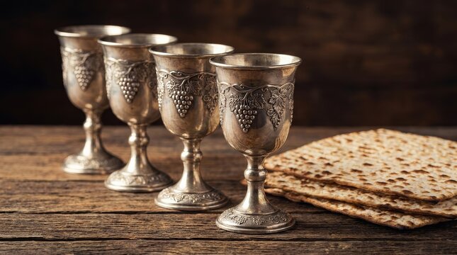 Four silver kosher wine cups and matzah on a vintage wood background for Passover.