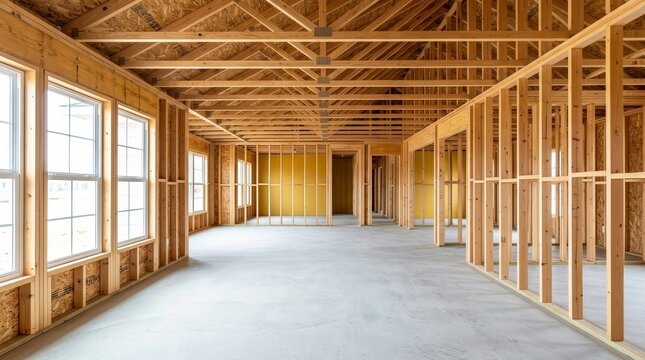 Residential home under construction featuring wooden wall framing and roof trusses.