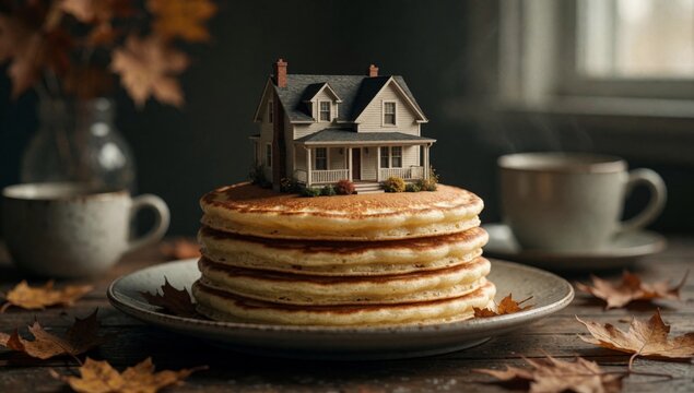 Stack pancakes plate miniature model house top golden brown appear freshly made two-story building sloping roo