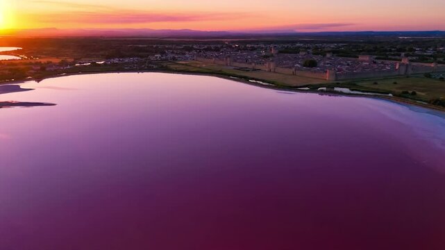 Aerial drone view of pink lakes salt marshes, salt mining medieval town of Aigues-Morte, Camargue, France. High quality 4k footage