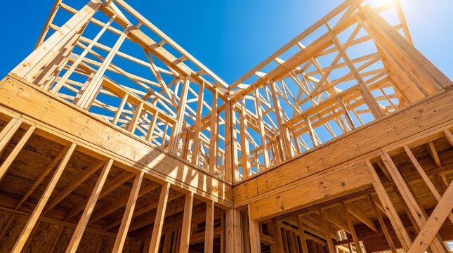 A single family home under construction with wood framing and plywood.