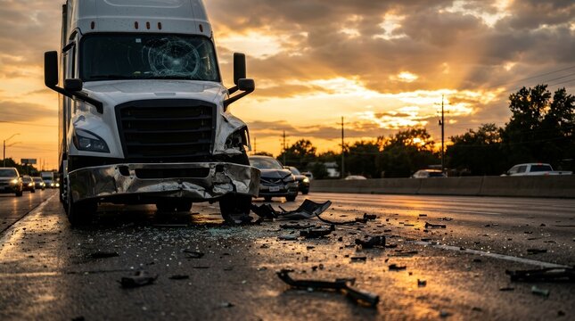 A semi truck accident on a highway road with a smashed windshield and broken parts.