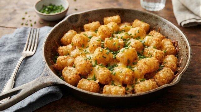Tater tots baked with melted cheese in cast iron skillet