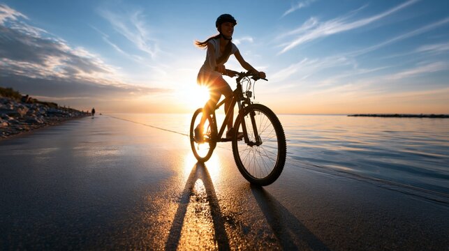 A cyclist enjoys a scenic sunset ride along the shoreline, creating a perfect moment of outdoor tranquility.