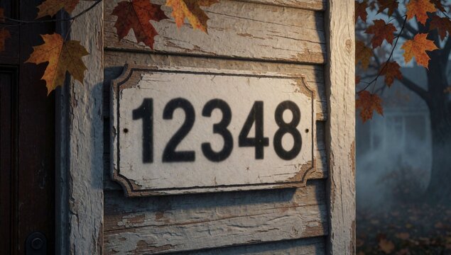 Close-up wooden signboard number written rectangular shape mounted wall appears old weathered peeling paint cr