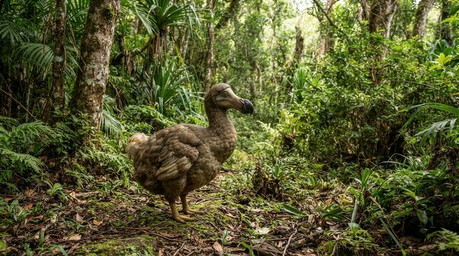 Dodo bird standing on leaf litter in tropical forest