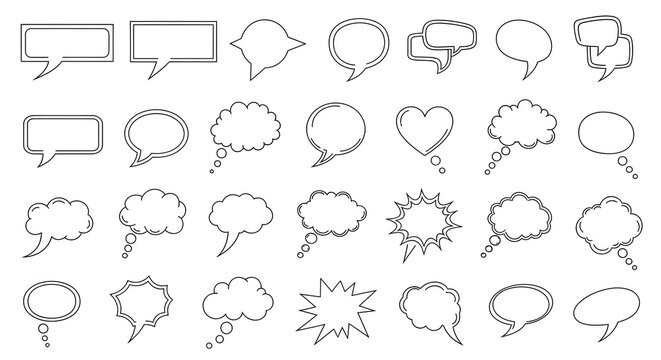 Collection of hand drawn speech bubbles and thought clouds isolated on a white transparent background for creative comic design projects