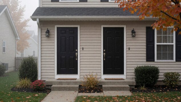 Front entrance two-story house painted light beige color has sloping roof there black doors either side each g