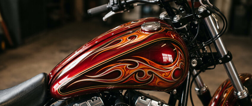 Close up of custom motorcycle fuel tank with ornate flame paintwork. Handcrafted cruiser design showcasing chrome detail, craftsmanship, power, and biker lifestyle.