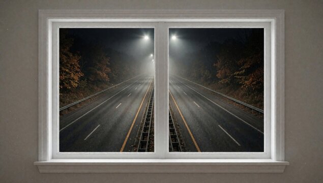 Window long straight road night surrounded trees both sides leaves changing colors indicating autumn sky dark