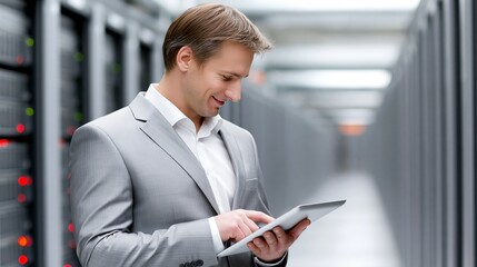 Fototapeta premium A professional man using a tablet in a data center, illustrating modern technology and communication.