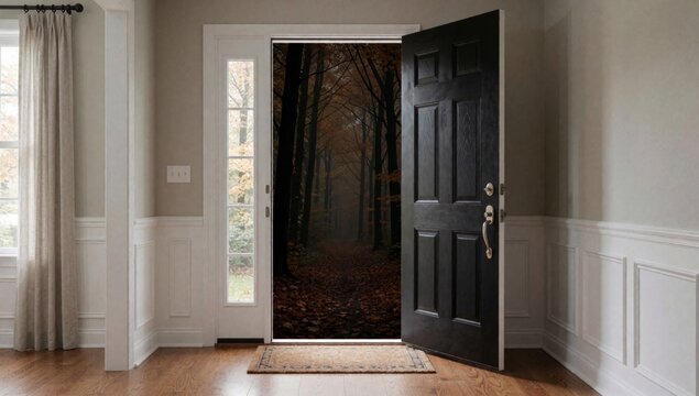 Open door room hardwood flooring black has gold handle walls painted light beige color there window left side
