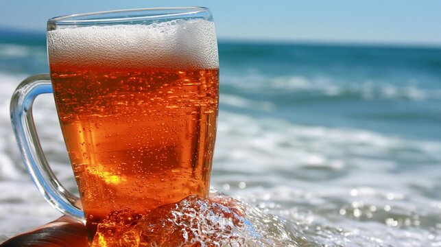 A refreshing glass of beer sits on the shore, waves gently splashing against it, ideal for summer vibes.