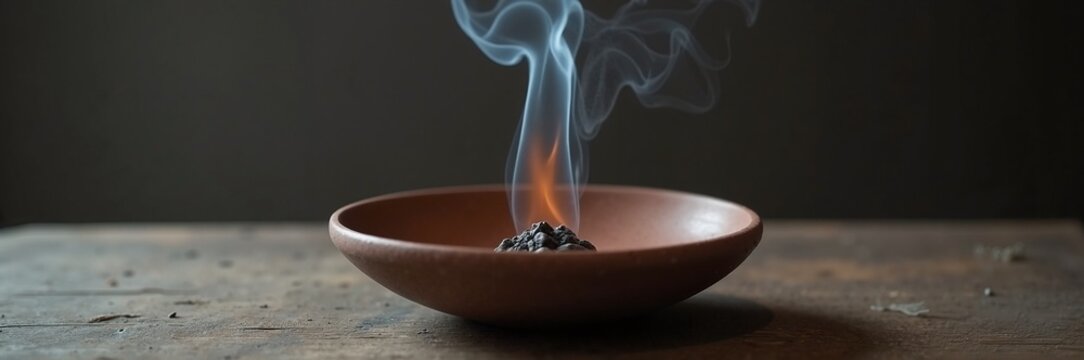 Incense smoke rising from earthen dish on rustic wooden table. Incense in traditional bowl creates calming atmosphere, enhancing spirituality and relaxation. Ideal for meditation, yoga,