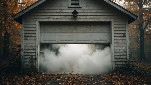Old dilapidated garage door middle forest made wood has sloping roof small chimney top closed there large amou