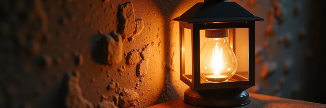 Warm lantern glow on rustic wall creating cozy atmosphere. Lantern with soft light illuminates textured surface adding warmth and character. Concept for home decor, interior design,