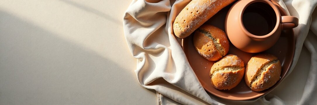 Breakfast spread with fresh baked bread and clay cup of coffee on silky tablecloth. Breakfast includes variety of baked goods such as rolls, baguettes, and pastries.