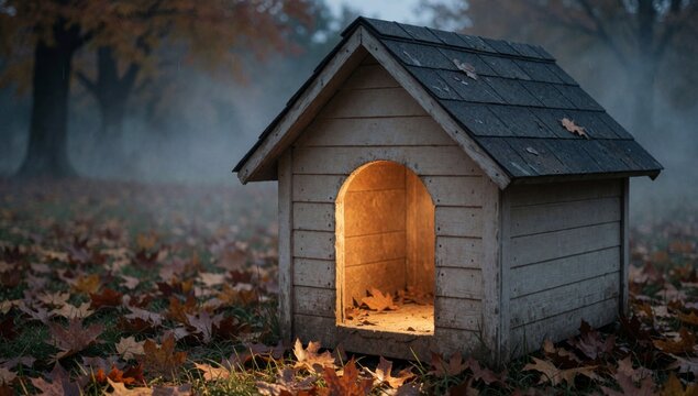 Small wooden dog house sloping roof window center made light-colored wood surrounded fallen leaves various sha