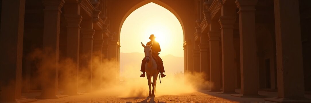 Horseman riding through archway at sunset, silhouette against dramatic light and dust. Horseman symbolizes courage and adventure, creating captivating ambiance in historical or fantasy contexts.