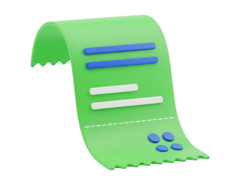 Green 3D receipt icon with blue details. Stylized paper bill for financial transactions. Digital payment slip for e-commerce apps.