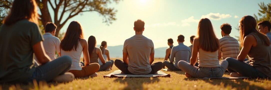 Group meditation session in serene outdoor environment during sunset, participants sitting peacefully on grass. Collective mindfulness practice fosters connection, calm, and spirituality in nature.