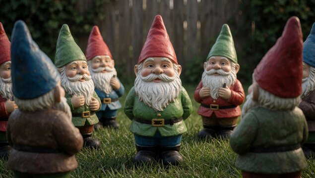 Group garden gnomes standing line grassy lawn made ceramic painted different colors red green blue brown all f