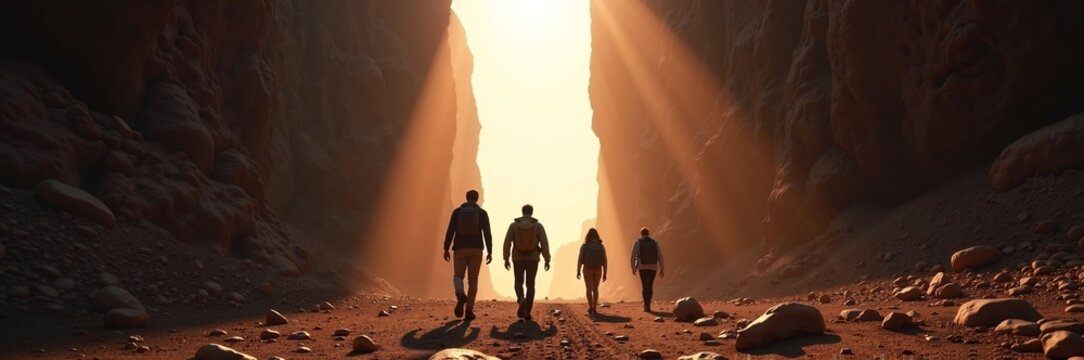 Group of hikers walking through narrow canyon at sunset with orange light illuminating rocky walls. Adventure seekers explore natural landscape at dusk, representing journey of faith and discovery.