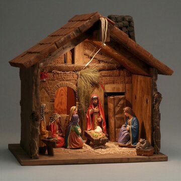 christmas nativity scene, Traditional Christmas nativity scene with figurines of Mary, Joseph, baby Jesus in a manger, and the Three Wise Men in a wooden barn.