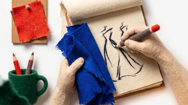 Fashion designer sketching dress designs with colored pencils and fabrics  