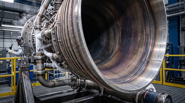 Jet engine close-up in a manufacturing facility with metal components  