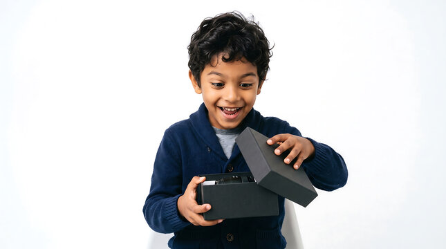 Excited young boy with curly hair opening a black gift box with a surprise inside on a white background
