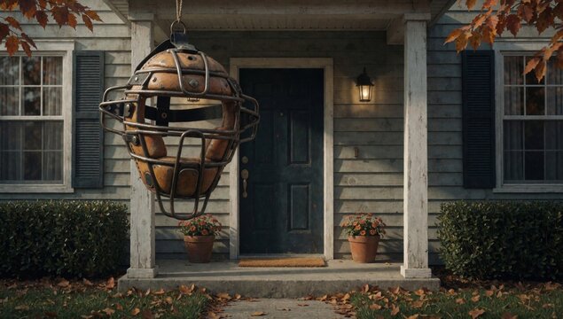 Front entrance house football helmet hanging porch painted light blue color white trim has windows either side