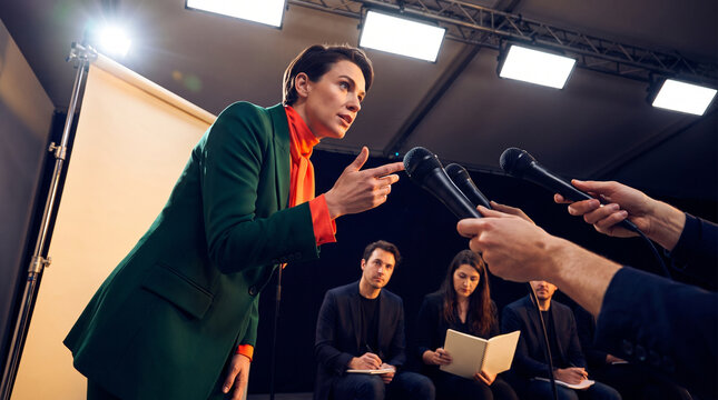 Young businesswoman giving a speech at a press conference  