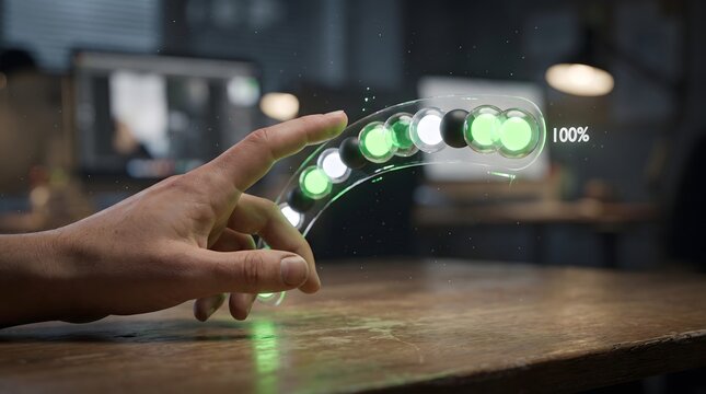 Hand interacting with glowing green holographic 3D progress bar showing 100 percent completion. Ideal for interactive technology project management task completion and digital interface design.