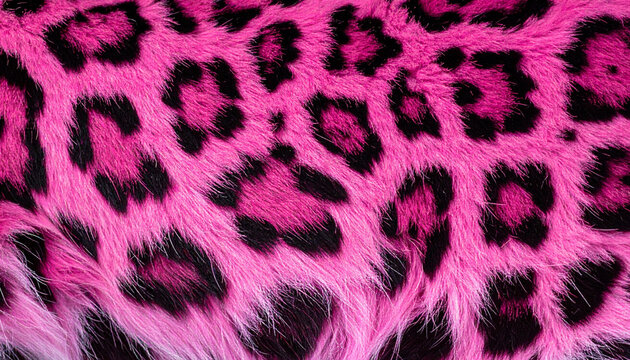 Neon pink leopard animal faux fur texture background pattern. Vibrant leopard pattern with black spots on a pink gradient background.