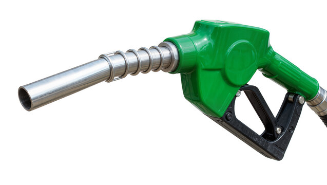 Green fuel nozzle with metal spout, isolated on transparent background