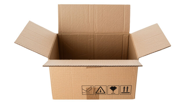 Open corrugated cardboard box with shipping symbols, isolated on transparent background
