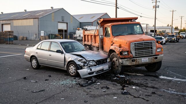Car accident scene with a silver sedan collided with an orange dump truck on an industrial road, showing significant frontend damage and debris on the asphalt