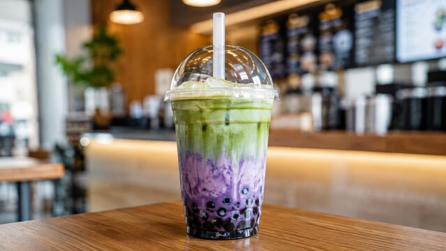Ube matcha boba tea with vivid purple ube, green matcha, black tapioca pearls, ice, dome lid and wide straw on a wooden cafe table, shown in a bright warm interior with a modern cocktail culture