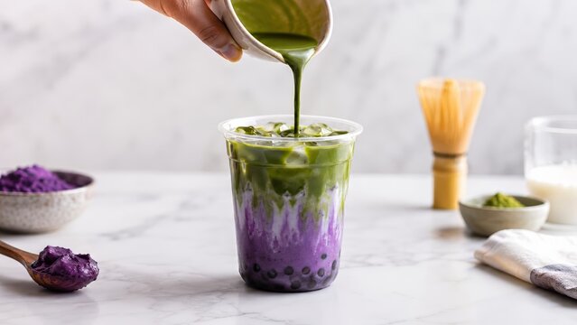 Layered ube matcha boba tea with purple ube milk, green matcha, black tapioca pearls and ice as matcha is poured by hand in a bright preparation scene, inspired by contemporary drink mixology
