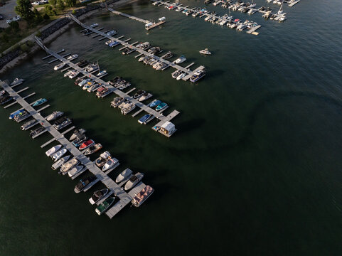 Top-down photo of boat-filled marina