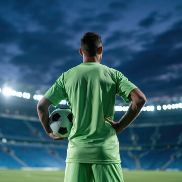 Soccer player standing with ball in stadium at dusk facing field for team promotional banner and matchday background design