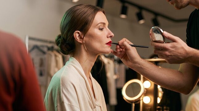 Makeup artist applying red lipstick on model in bright studio  