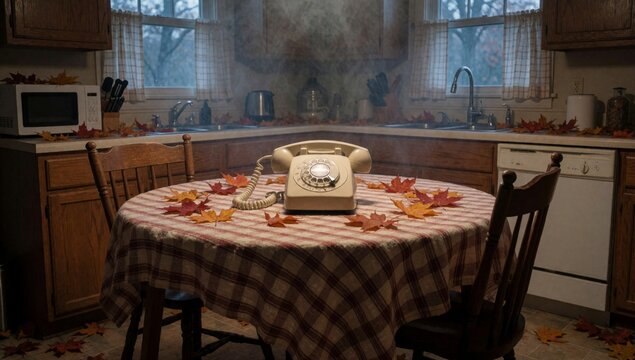 Kitchen table center covered red white checkered tablecloth there several autumn leaves scattered rotary phone